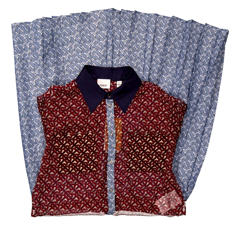 Red Monogram Print Silk Chiffon Pleated Shirt Dress
